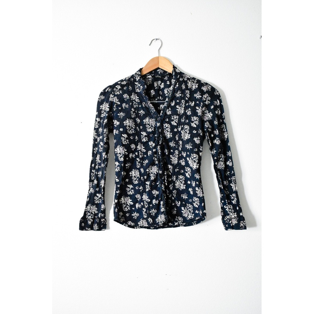 GNW Floral Blouse Womens Small Navy Blue Y2K‎ Pintuck Ruffle Cotton Top